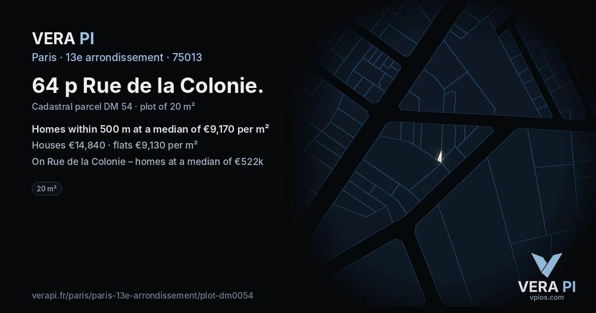 64 p Rue de la Colonie, 13e arrondissement at night – the plot lit, the parcels around coloured by the prices near them