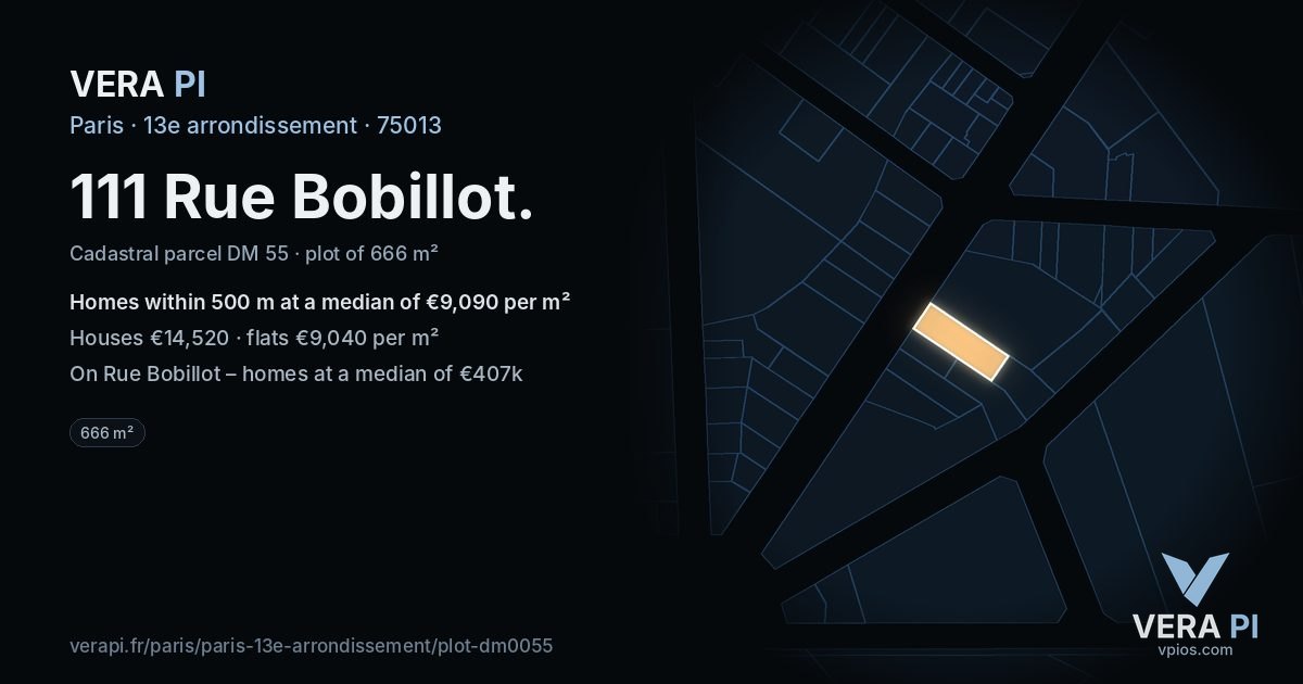 111 Rue Bobillot, 13e arrondissement at night – the plot lit, the parcels around coloured by the prices near them