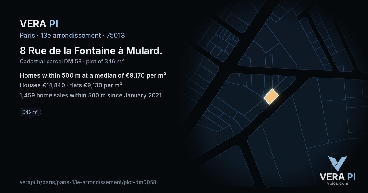 8 Rue de la Fontaine à Mulard, 13e arrondissement at night – the plot lit, the parcels around coloured by the prices near them