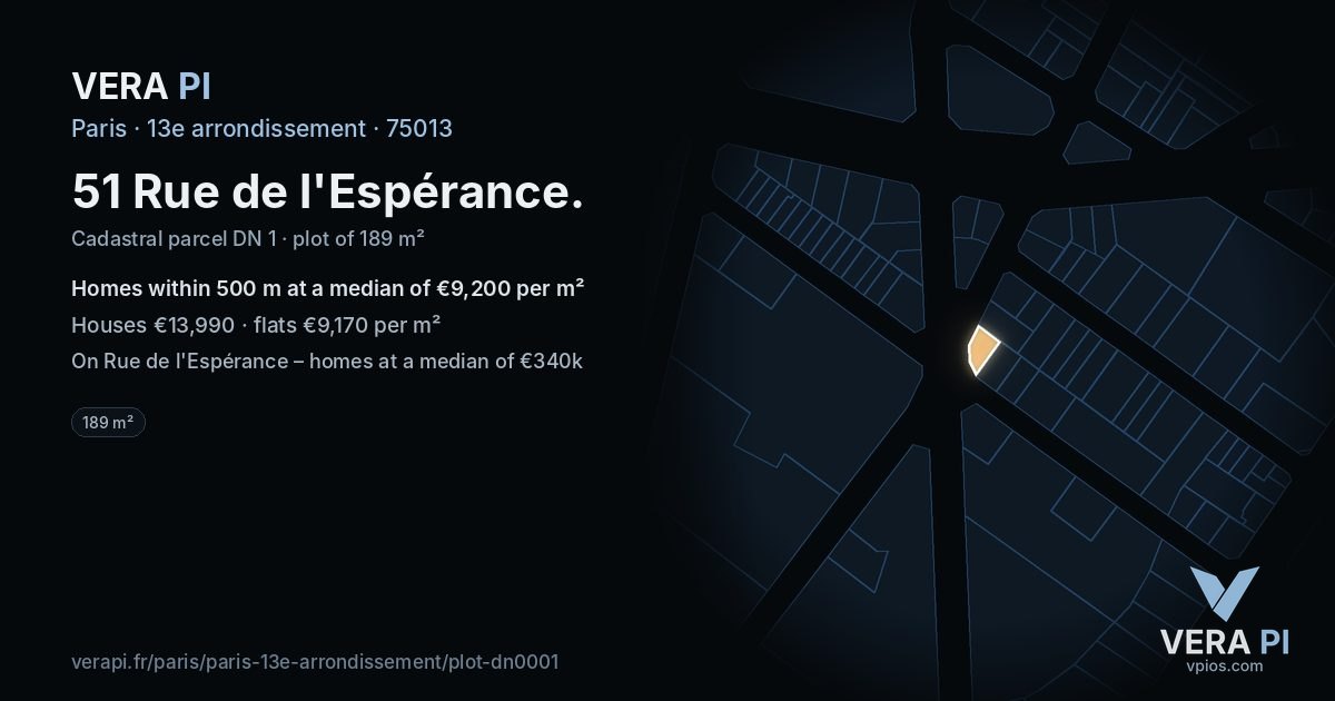 51 Rue de l'Espérance, 13e arrondissement at night – the plot lit, the parcels around coloured by the prices near them