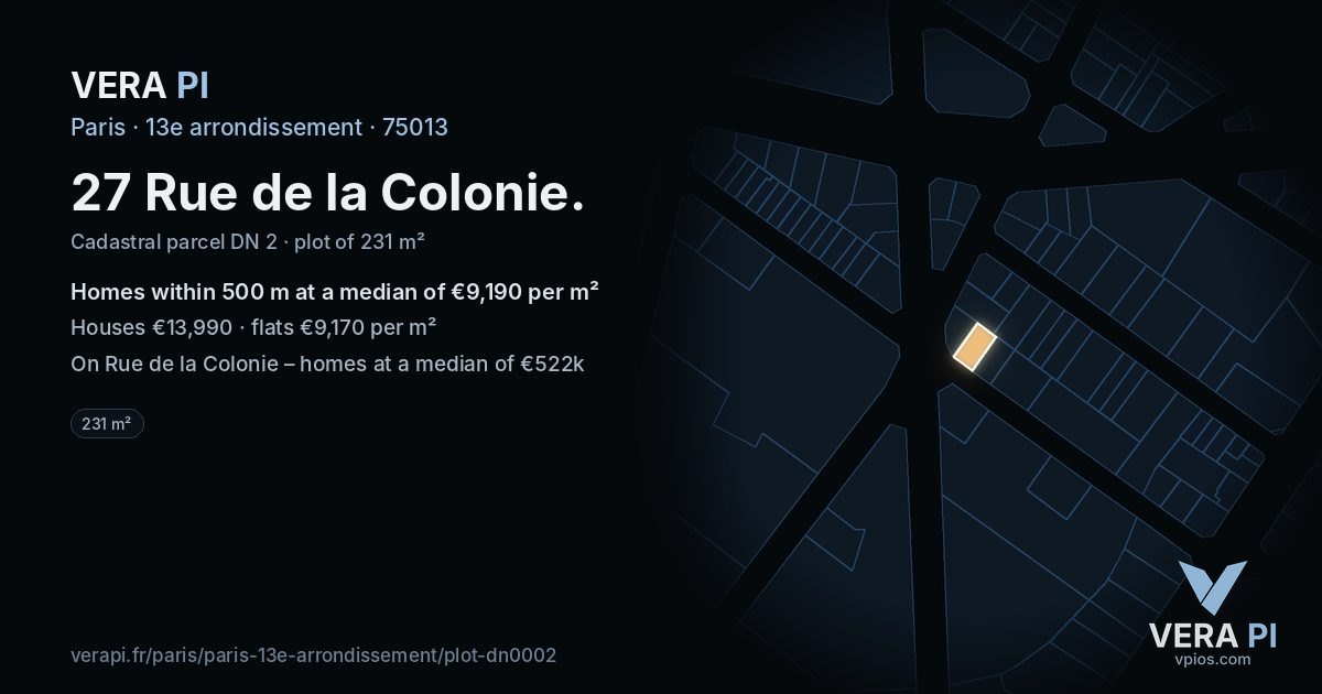 27 Rue de la Colonie, 13e arrondissement at night – the plot lit, the parcels around coloured by the prices near them