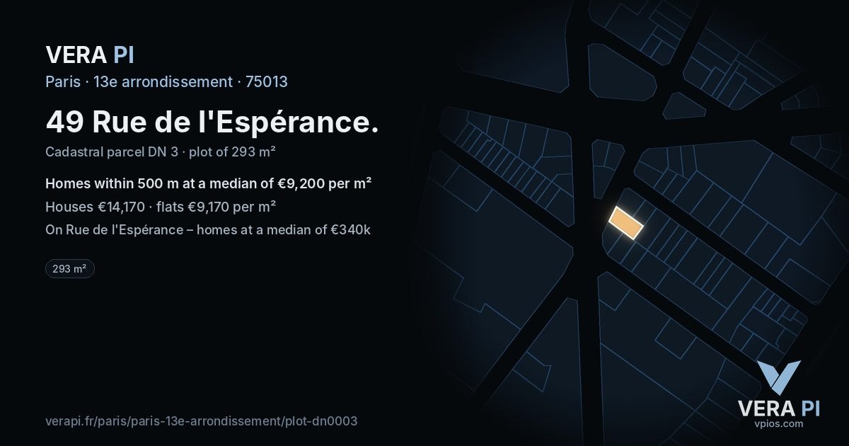 49 Rue de l'Espérance, 13e arrondissement at night – the plot lit, the parcels around coloured by the prices near them