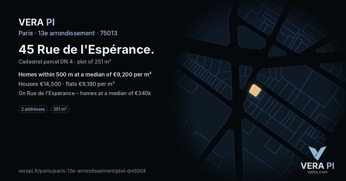 45 Rue de l'Espérance, 13e arrondissement at night – the plot lit, the parcels around coloured by the prices near them