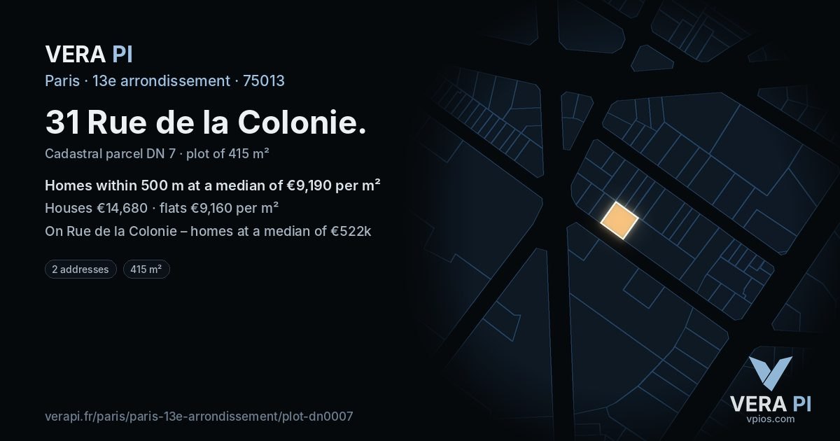 31 Rue de la Colonie, 13e arrondissement at night – the plot lit, the parcels around coloured by the prices near them