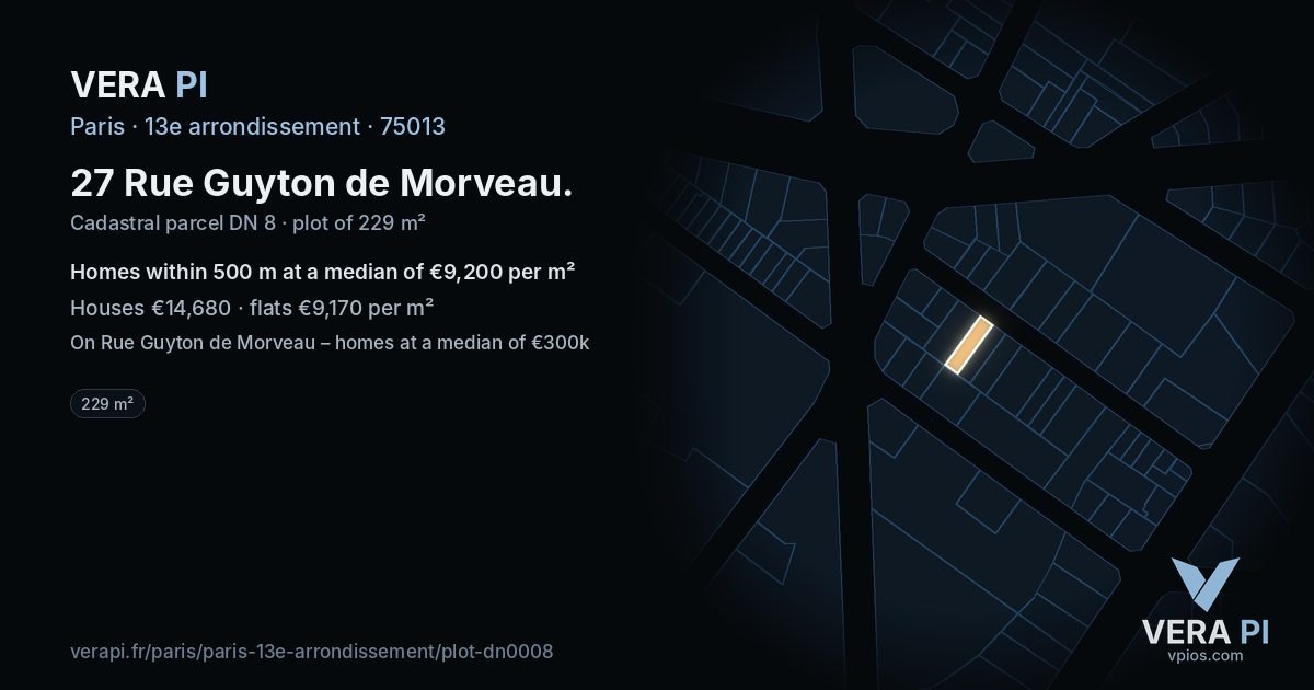 27 Rue Guyton de Morveau, 13e arrondissement at night – the plot lit, the parcels around coloured by the prices near them