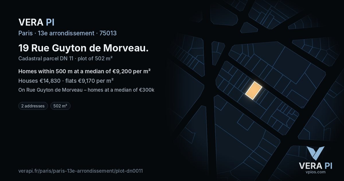 19 Rue Guyton de Morveau, 13e arrondissement at night – the plot lit, the parcels around coloured by the prices near them
