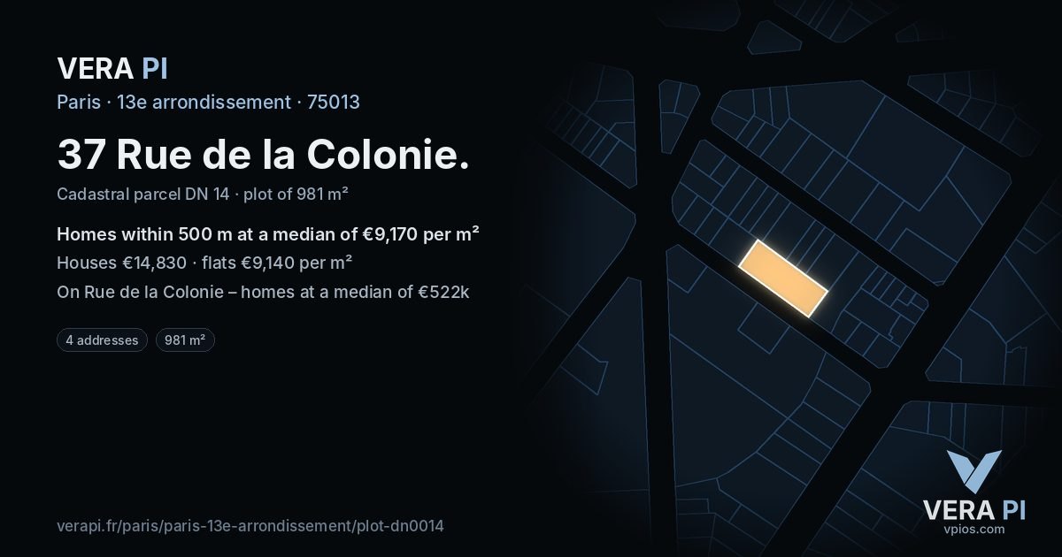 37 Rue de la Colonie, 13e arrondissement at night – the plot lit, the parcels around coloured by the prices near them