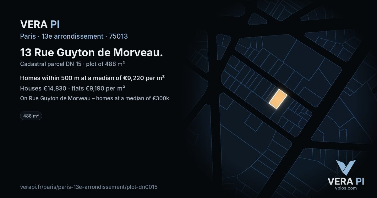 13 Rue Guyton de Morveau, 13e arrondissement at night – the plot lit, the parcels around coloured by the prices near them