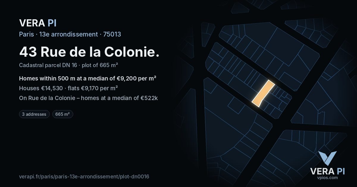 43 Rue de la Colonie, 13e arrondissement at night – the plot lit, the parcels around coloured by the prices near them