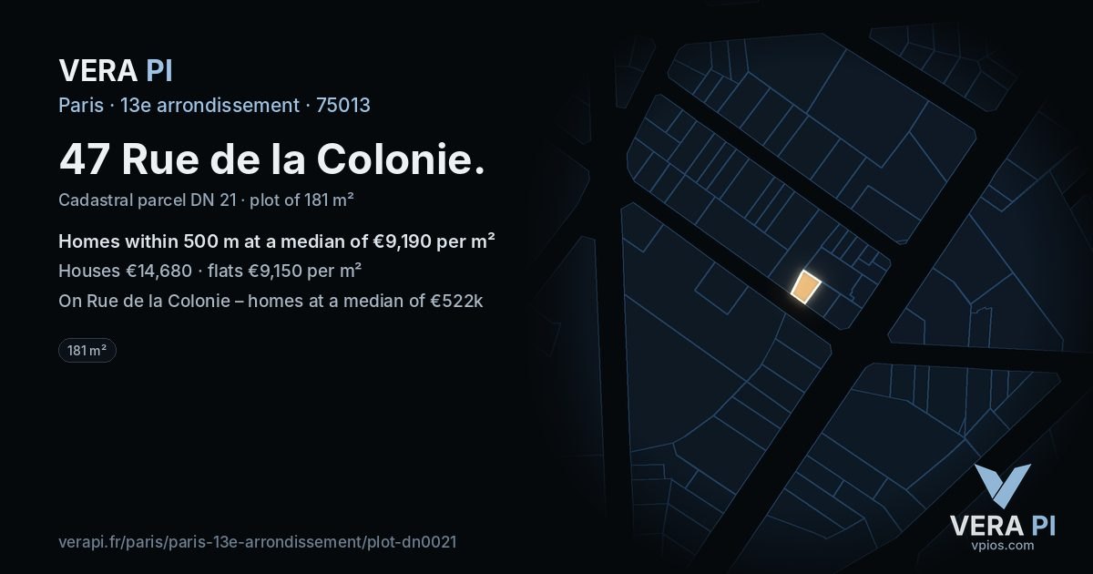47 Rue de la Colonie, 13e arrondissement at night – the plot lit, the parcels around coloured by the prices near them