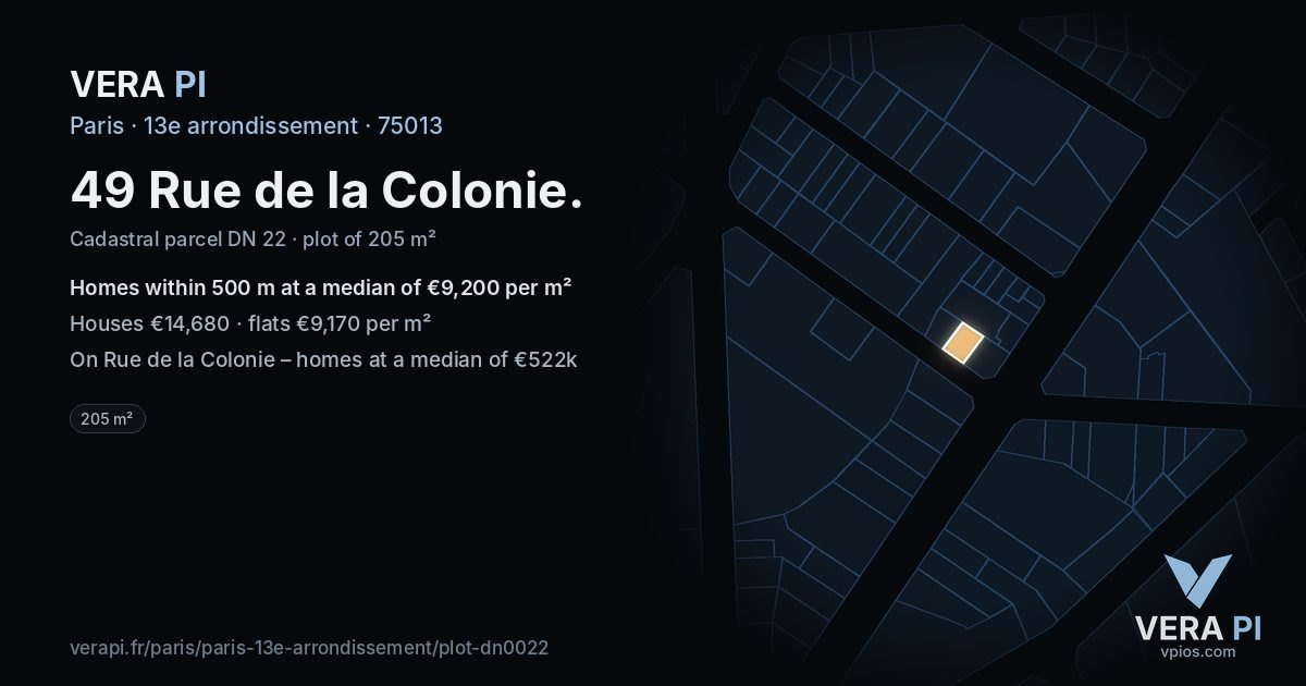 49 Rue de la Colonie, 13e arrondissement at night – the plot lit, the parcels around coloured by the prices near them