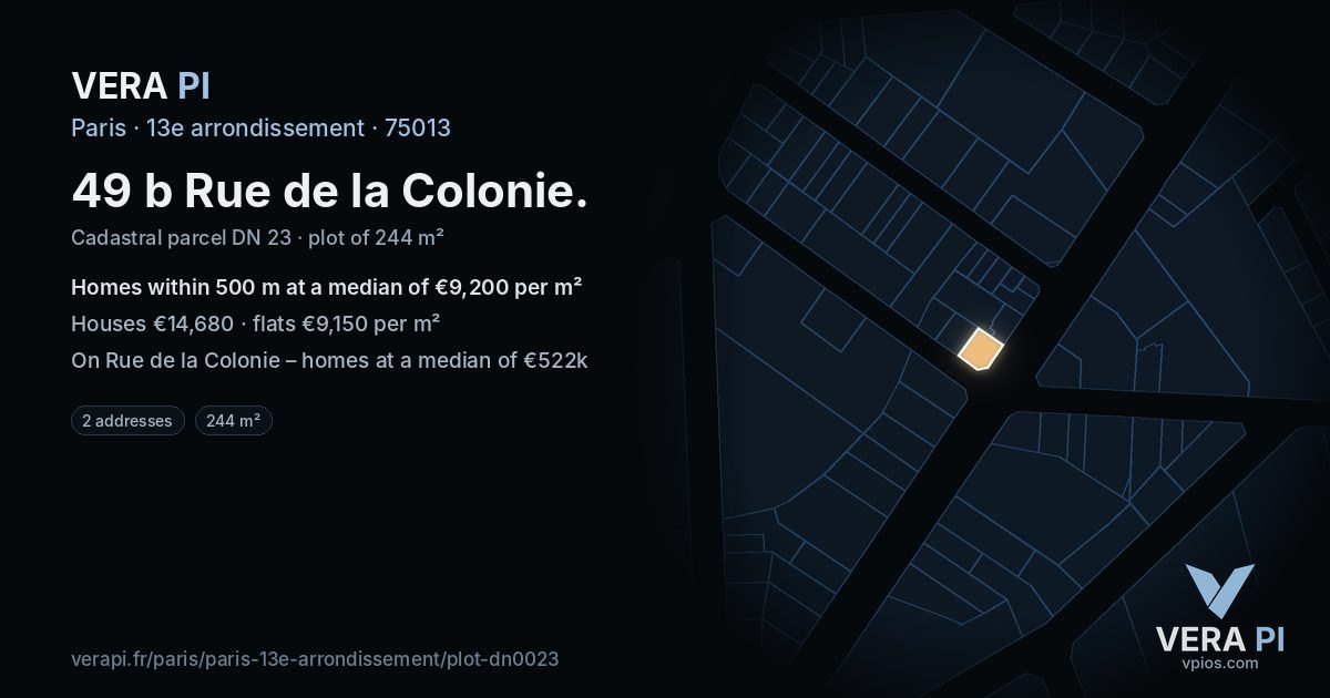 49 b Rue de la Colonie, 13e arrondissement at night – the plot lit, the parcels around coloured by the prices near them