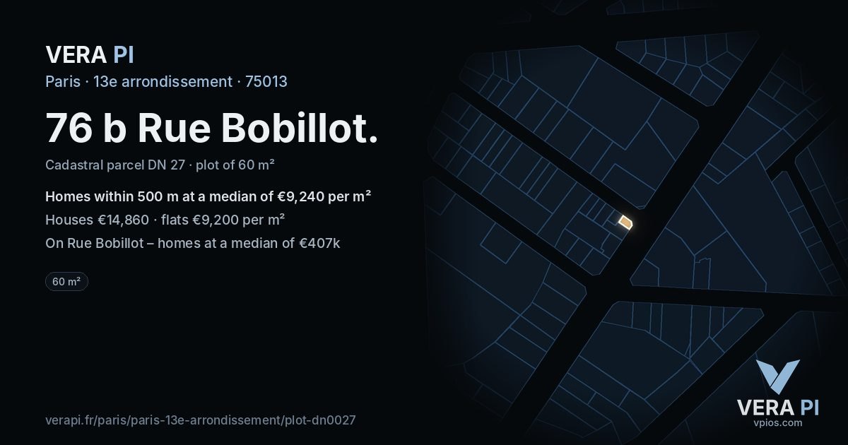 76 b Rue Bobillot, 13e arrondissement at night – the plot lit, the parcels around coloured by the prices near them