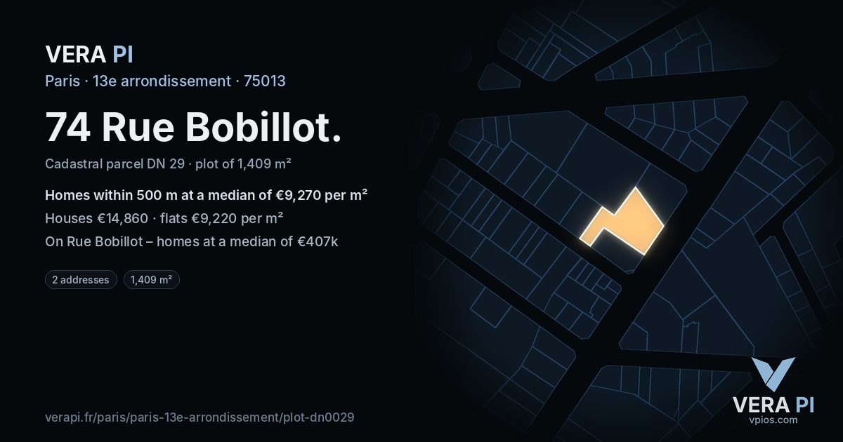 74 Rue Bobillot, 13e arrondissement at night – the plot lit, the parcels around coloured by the prices near them