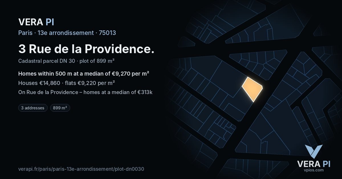 3 Rue de la Providence, 13e arrondissement at night – the plot lit, the parcels around coloured by the prices near them