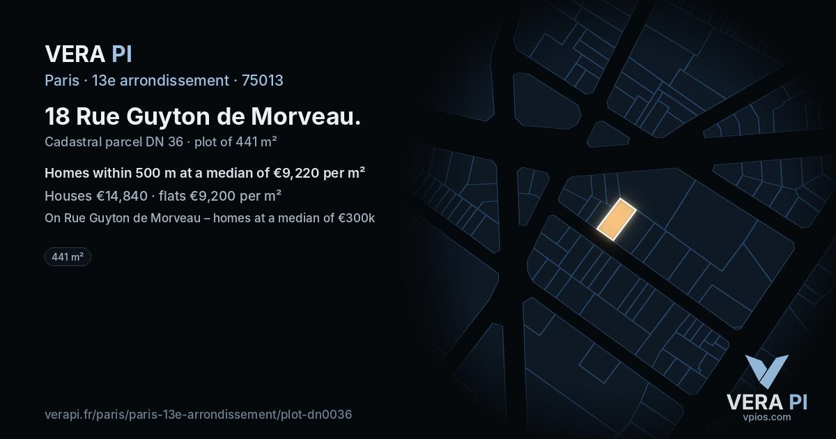 18 Rue Guyton de Morveau, 13e arrondissement at night – the plot lit, the parcels around coloured by the prices near them