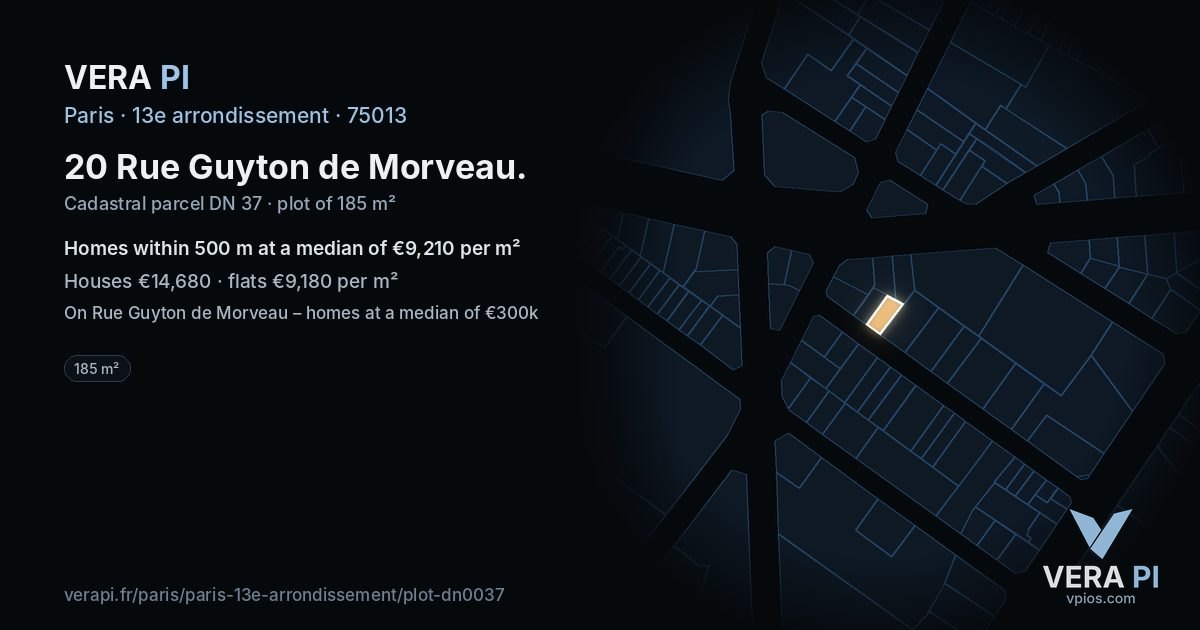 20 Rue Guyton de Morveau, 13e arrondissement at night – the plot lit, the parcels around coloured by the prices near them