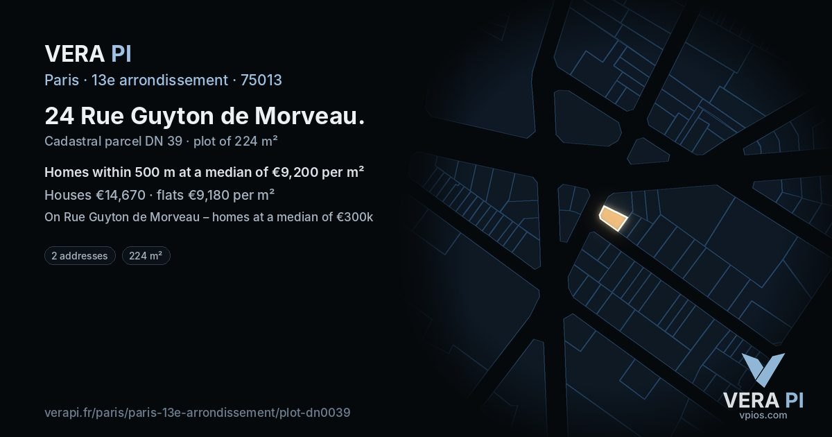 24 Rue Guyton de Morveau, 13e arrondissement at night – the plot lit, the parcels around coloured by the prices near them