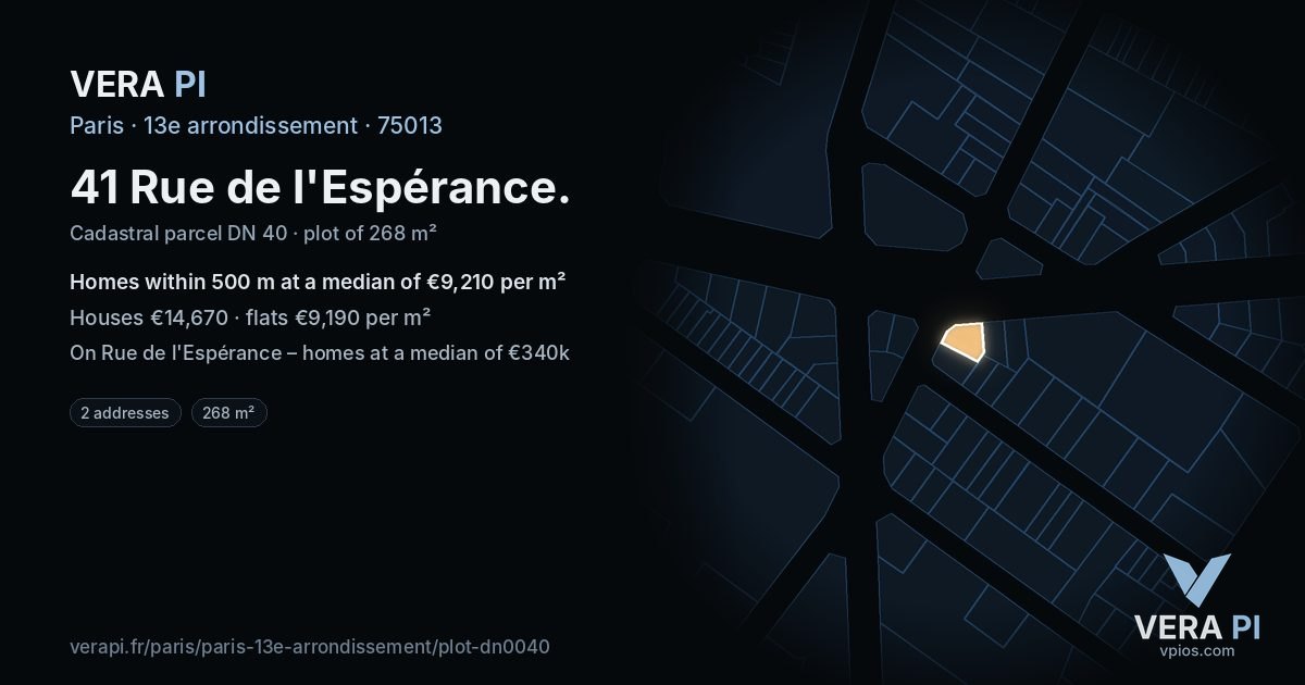 41 Rue de l'Espérance, 13e arrondissement at night – the plot lit, the parcels around coloured by the prices near them