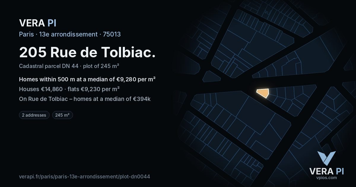 205 Rue de Tolbiac, 13e arrondissement at night – the plot lit, the parcels around coloured by the prices near them