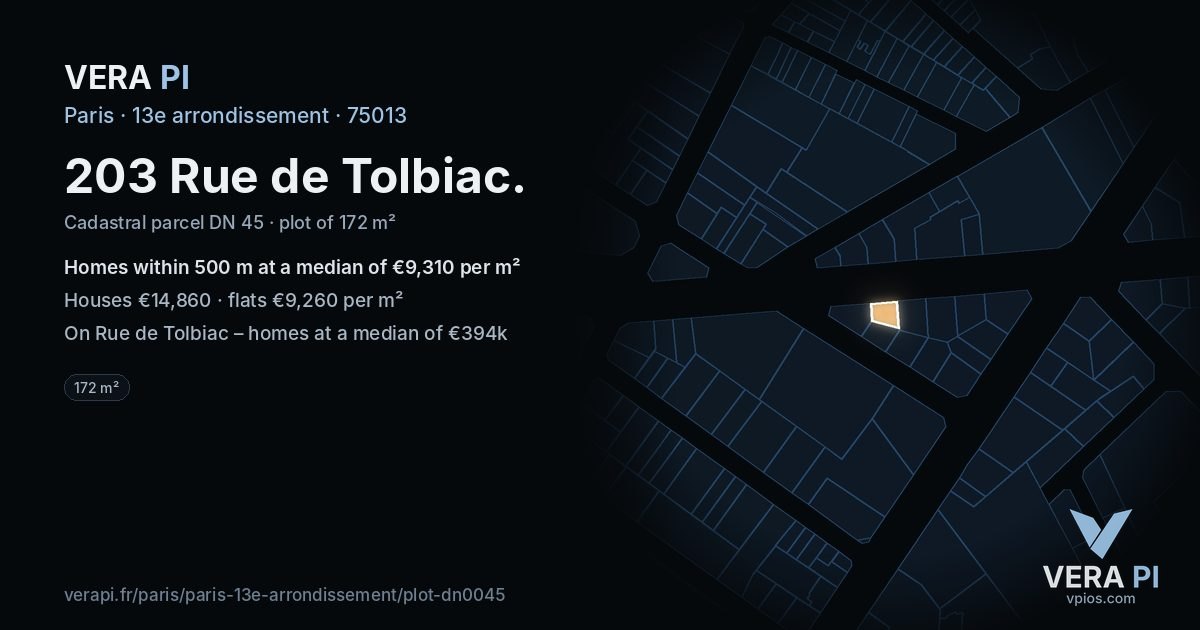 203 Rue de Tolbiac, 13e arrondissement at night – the plot lit, the parcels around coloured by the prices near them