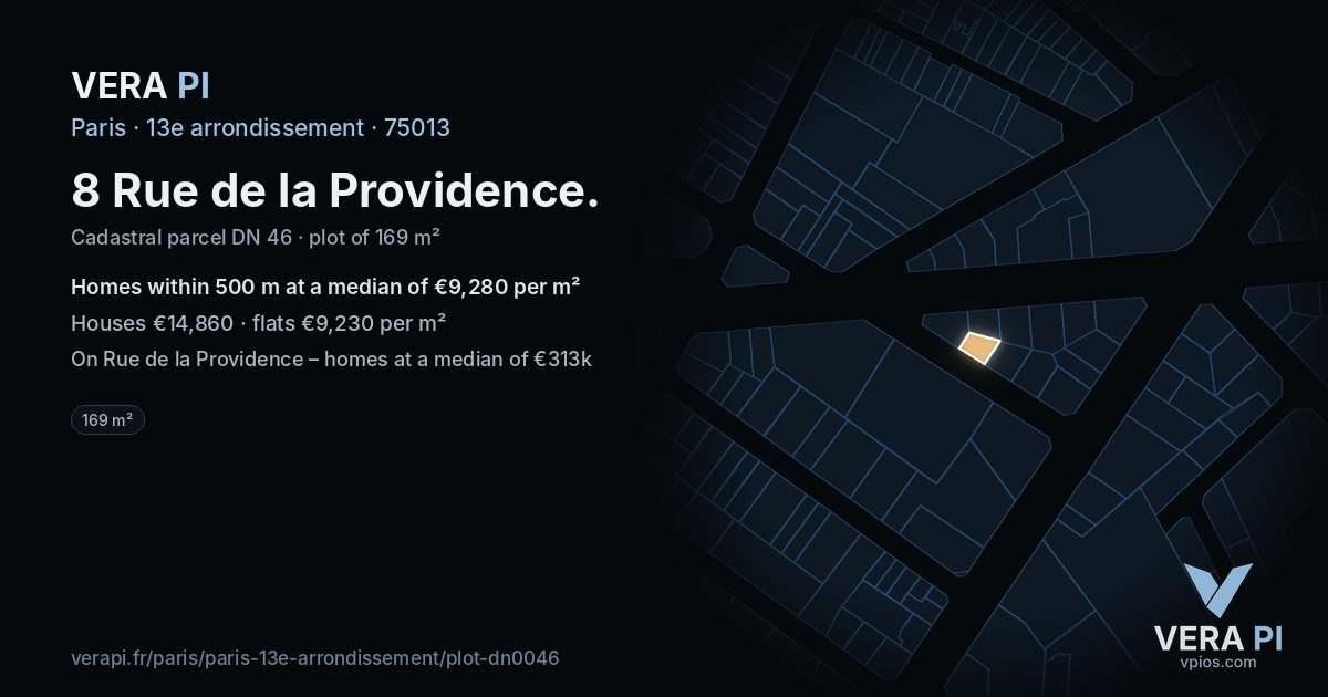8 Rue de la Providence, 13e arrondissement at night – the plot lit, the parcels around coloured by the prices near them