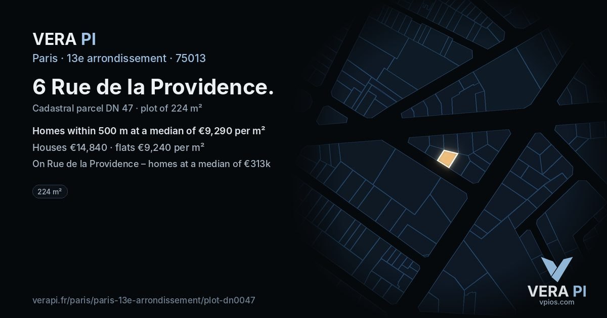 6 Rue de la Providence, 13e arrondissement at night – the plot lit, the parcels around coloured by the prices near them