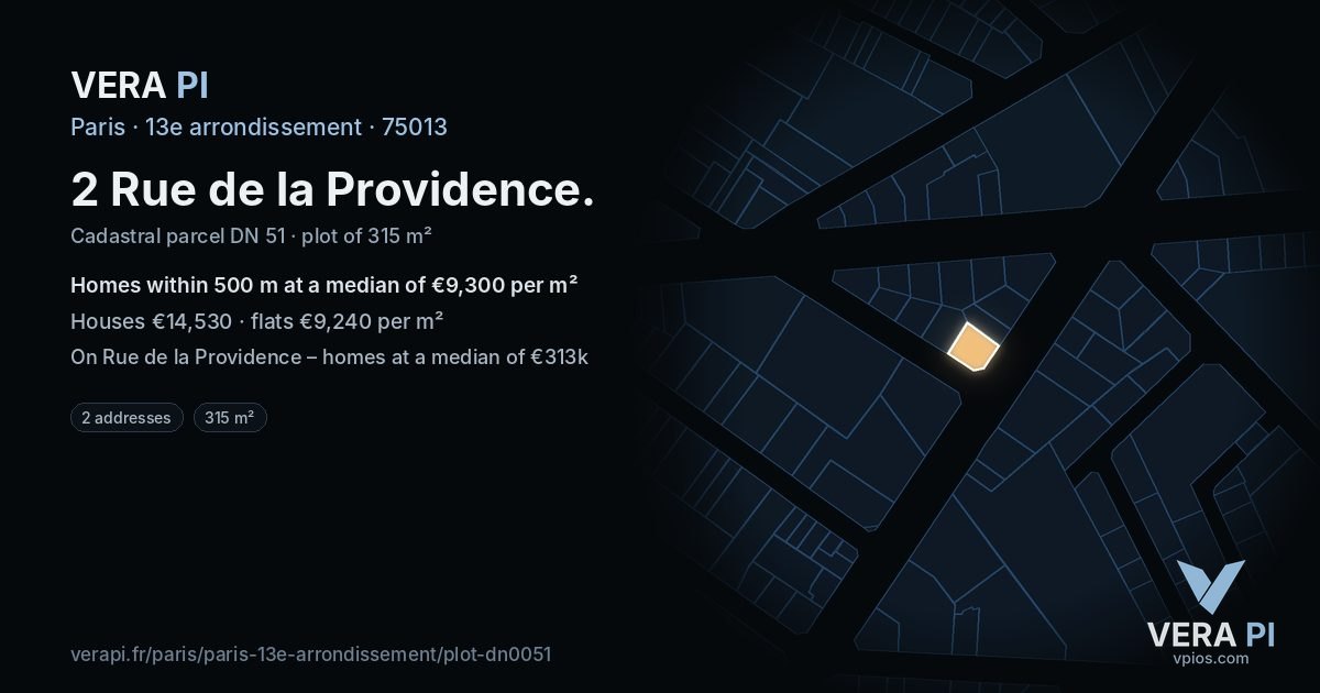 2 Rue de la Providence, 13e arrondissement at night – the plot lit, the parcels around coloured by the prices near them