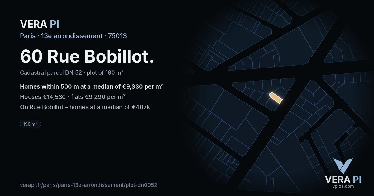60 Rue Bobillot, 13e arrondissement at night – the plot lit, the parcels around coloured by the prices near them