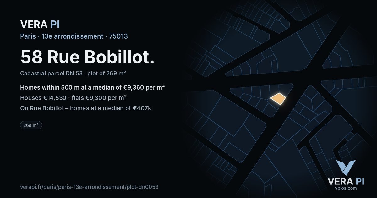 58 Rue Bobillot, 13e arrondissement at night – the plot lit, the parcels around coloured by the prices near them