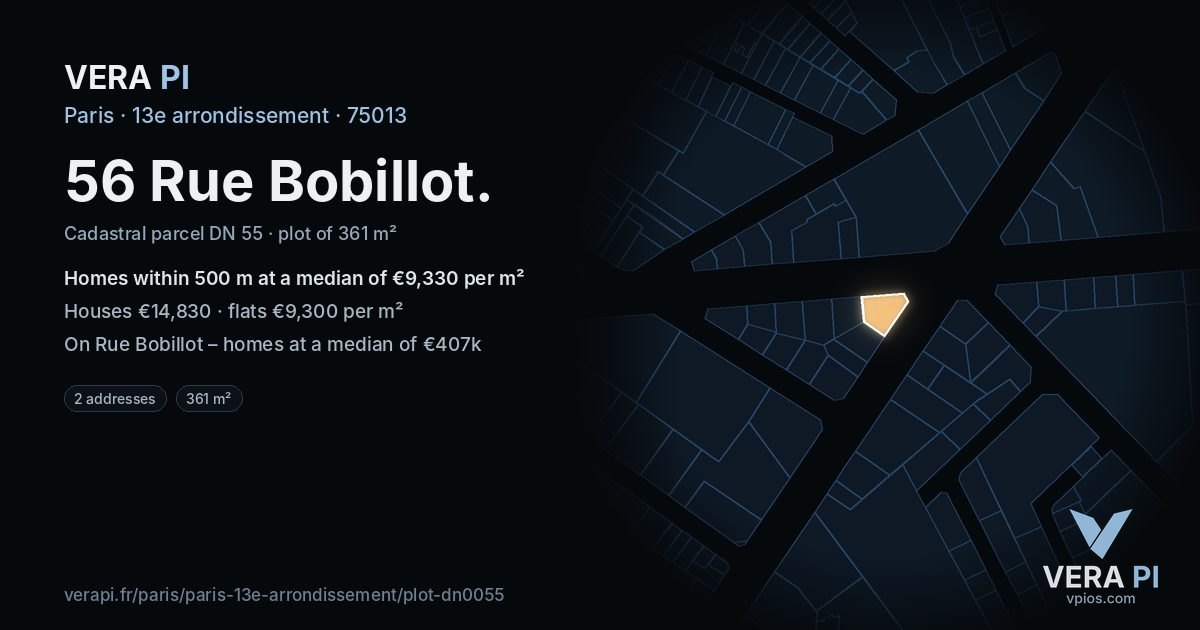56 Rue Bobillot, 13e arrondissement at night – the plot lit, the parcels around coloured by the prices near them