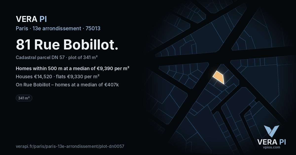 81 Rue Bobillot, 13e arrondissement at night – the plot lit, the parcels around coloured by the prices near them