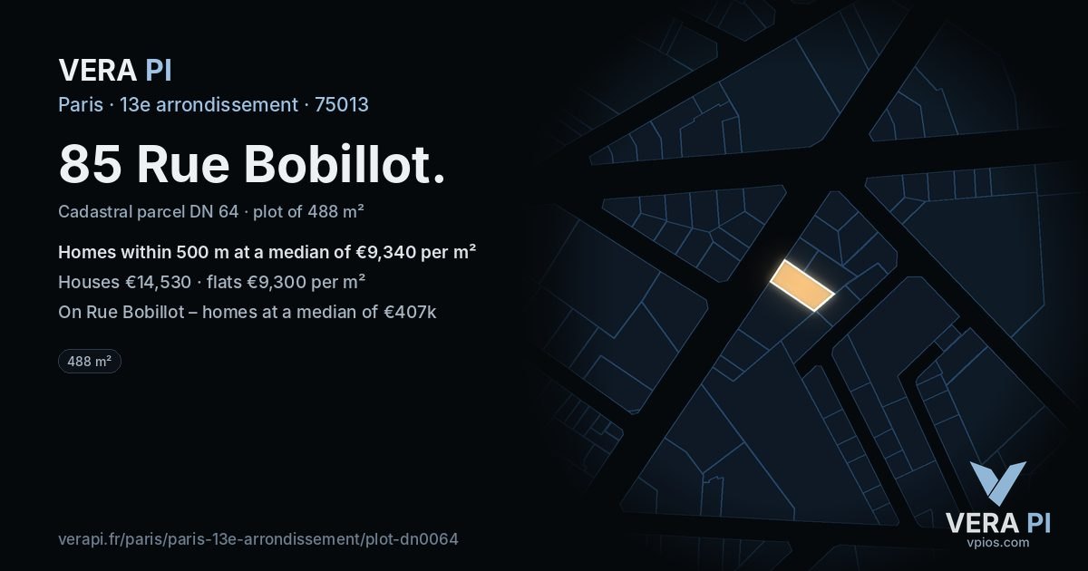 85 Rue Bobillot, 13e arrondissement at night – the plot lit, the parcels around coloured by the prices near them