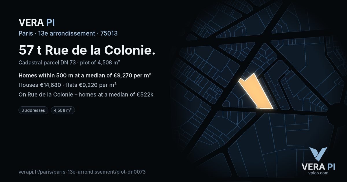 57 t Rue de la Colonie, 13e arrondissement at night – the plot lit, the parcels around coloured by the prices near them