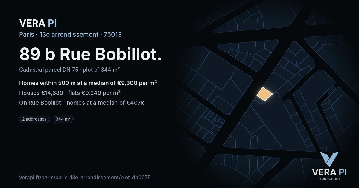 89 b Rue Bobillot, 13e arrondissement at night – the plot lit, the parcels around coloured by the prices near them
