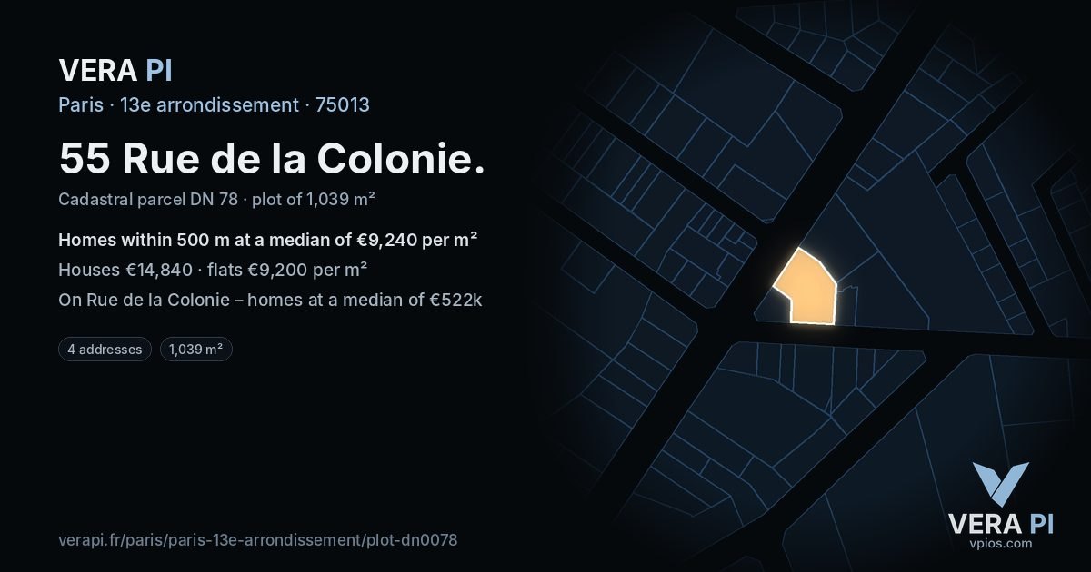 55 Rue de la Colonie, 13e arrondissement at night – the plot lit, the parcels around coloured by the prices near them