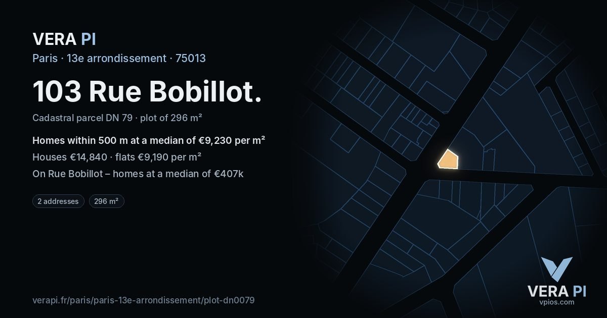 103 Rue Bobillot, 13e arrondissement at night – the plot lit, the parcels around coloured by the prices near them