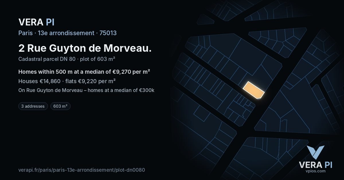 2 Rue Guyton de Morveau, 13e arrondissement at night – the plot lit, the parcels around coloured by the prices near them