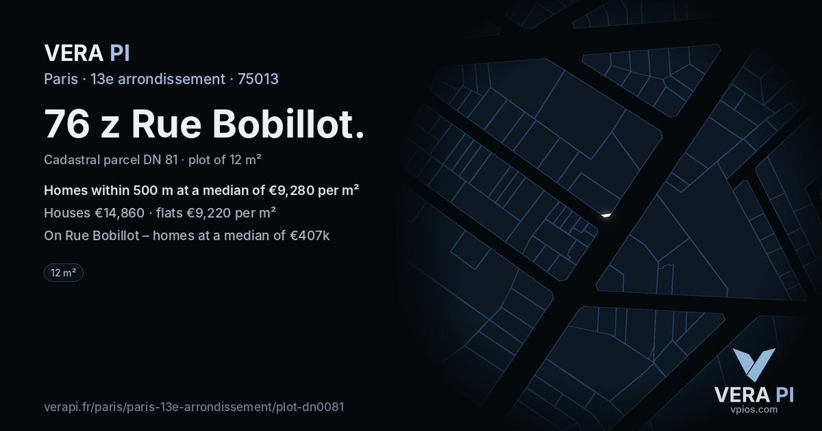 76 z Rue Bobillot, 13e arrondissement at night – the plot lit, the parcels around coloured by the prices near them