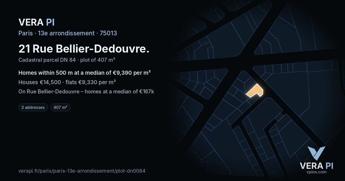 21 Rue Bellier-Dedouvre, 13e arrondissement at night – the plot lit, the parcels around coloured by the prices near them