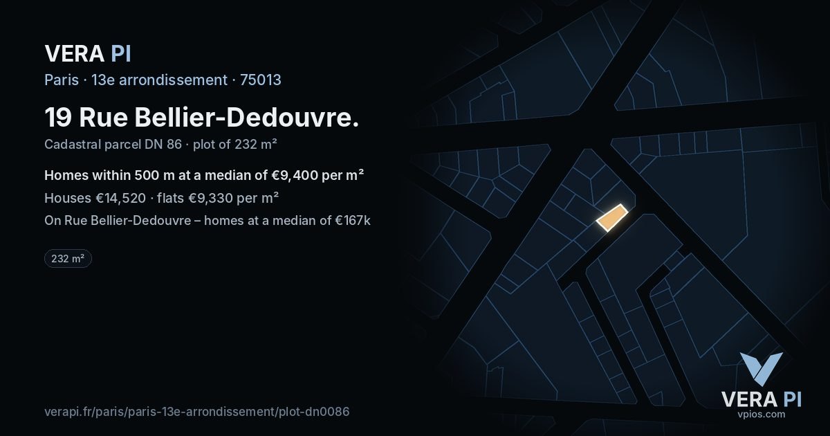 19 Rue Bellier-Dedouvre, 13e arrondissement at night – the plot lit, the parcels around coloured by the prices near them
