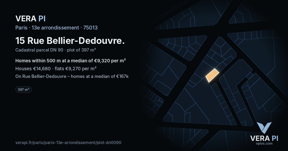 15 Rue Bellier-Dedouvre, 13e arrondissement at night – the plot lit, the parcels around coloured by the prices near them