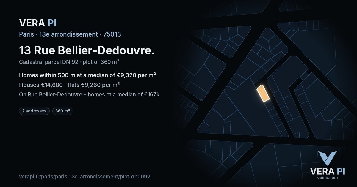 13 Rue Bellier-Dedouvre, 13e arrondissement at night – the plot lit, the parcels around coloured by the prices near them