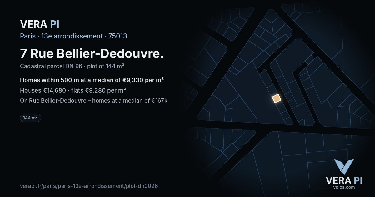 7 Rue Bellier-Dedouvre, 13e arrondissement at night – the plot lit, the parcels around coloured by the prices near them