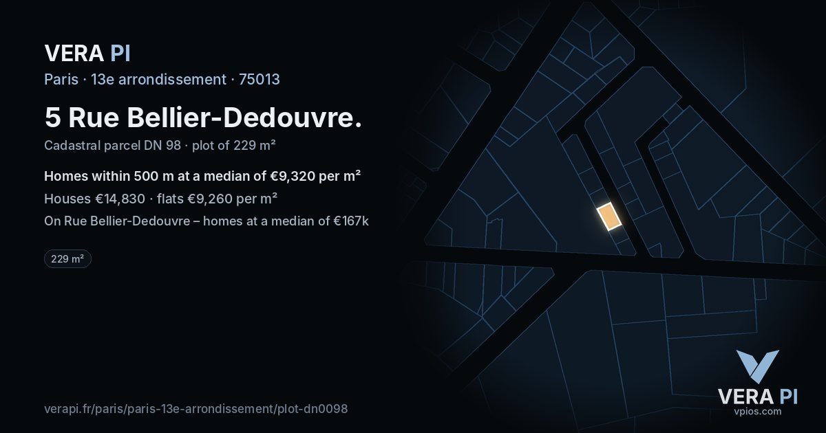 5 Rue Bellier-Dedouvre, 13e arrondissement at night – the plot lit, the parcels around coloured by the prices near them
