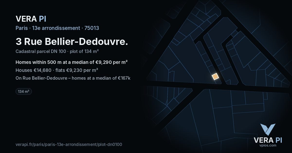 3 Rue Bellier-Dedouvre, 13e arrondissement at night – the plot lit, the parcels around coloured by the prices near them