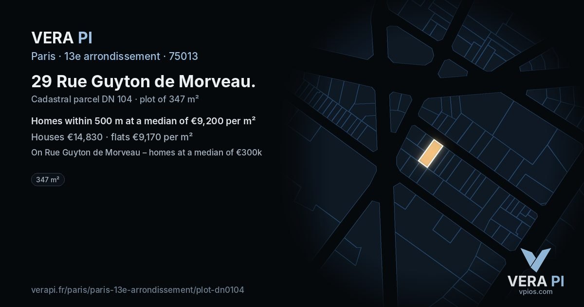 29 Rue Guyton de Morveau, 13e arrondissement at night – the plot lit, the parcels around coloured by the prices near them