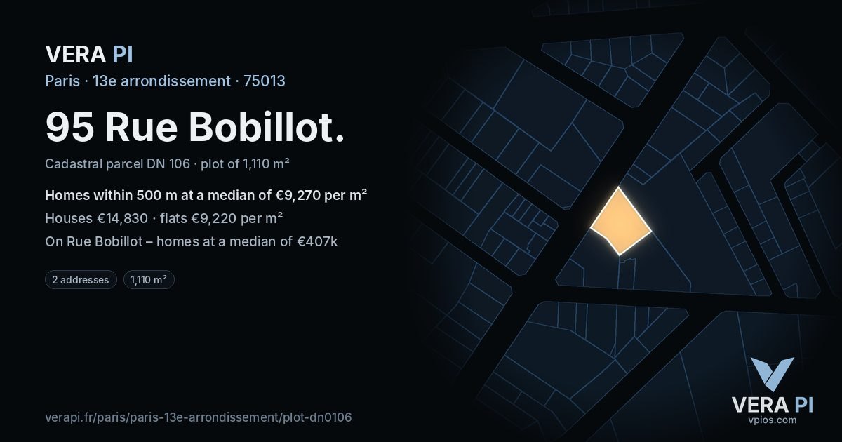 95 Rue Bobillot, 13e arrondissement at night – the plot lit, the parcels around coloured by the prices near them