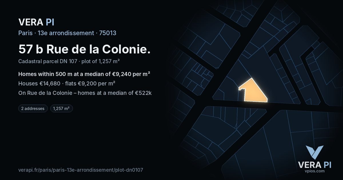 57 b Rue de la Colonie, 13e arrondissement at night – the plot lit, the parcels around coloured by the prices near them