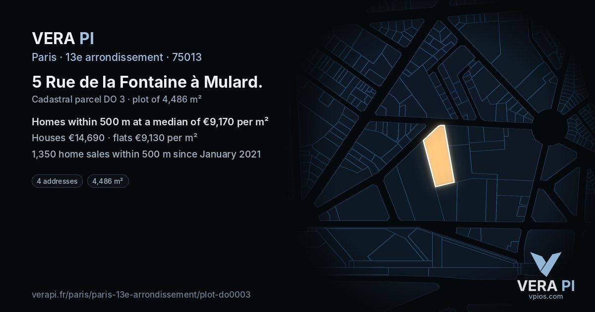 5 Rue de la Fontaine à Mulard, 13e arrondissement at night – the plot lit, the parcels around coloured by the prices near them